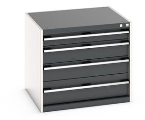 40028003.** Bott Cubio drawer cabinet with overall dimensions of 800mm wide x 750mm deep x 700mm high Cabinet consists of 1 x 100mm, 2 x 150mm and 1 x 200mm high drawers 100% extension drawer with internal dimensions of 675mm wide x 625mm deep. The drawers...